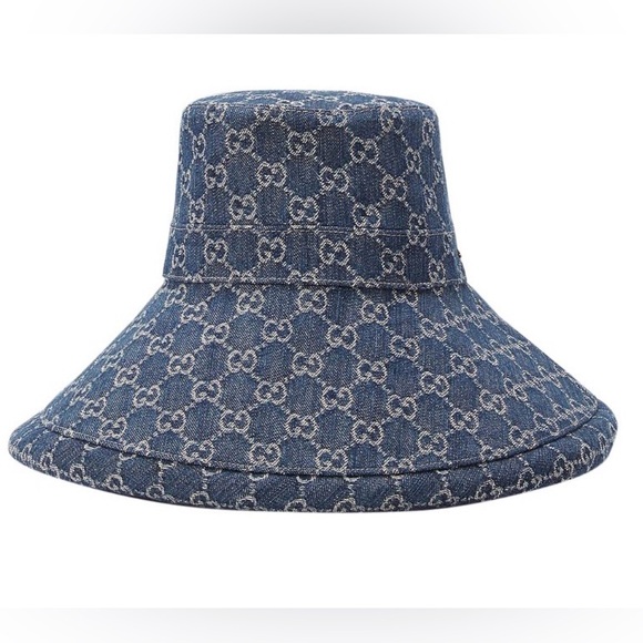 Gucci GG Monogram Bucket Hat Wide Large Brim Thick Denim Navy Allover Jacquard - Picture 9 of 15